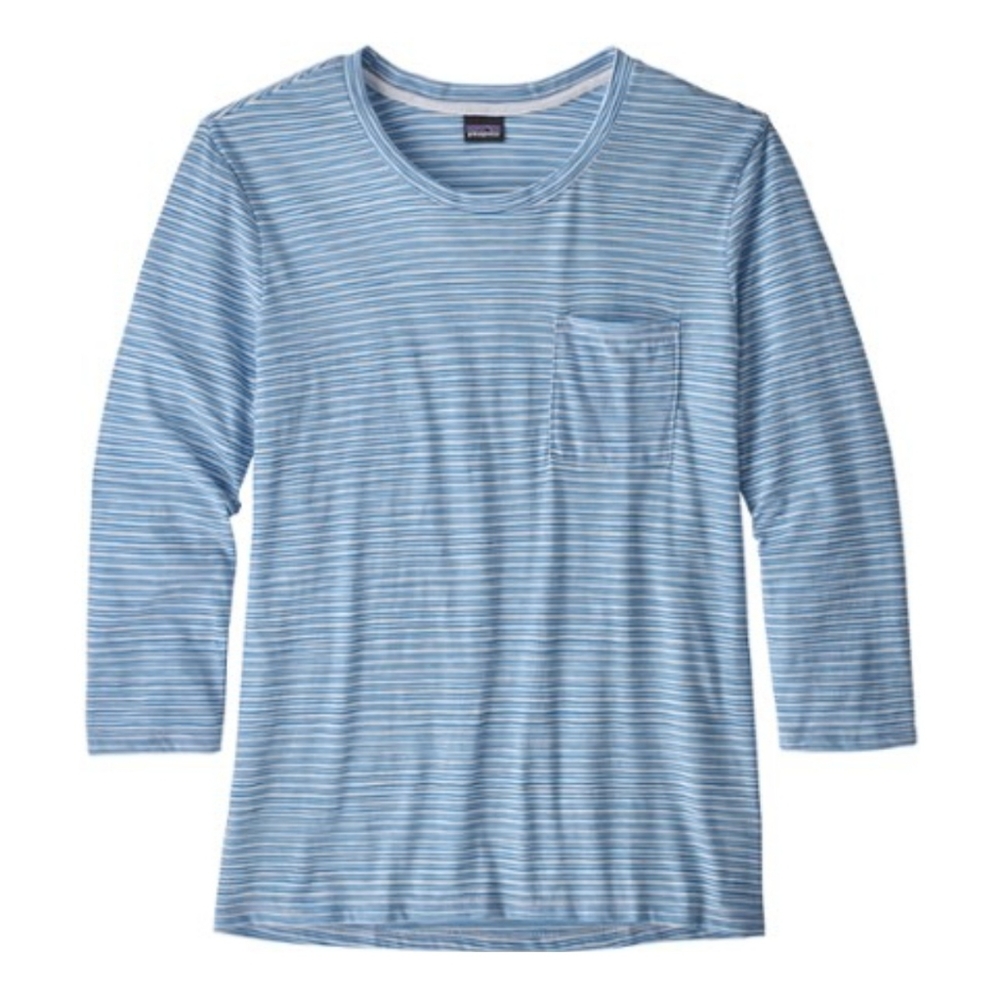 Patagonia Mainstay 3/4-Sleeve Top Blue and White Stripes Small